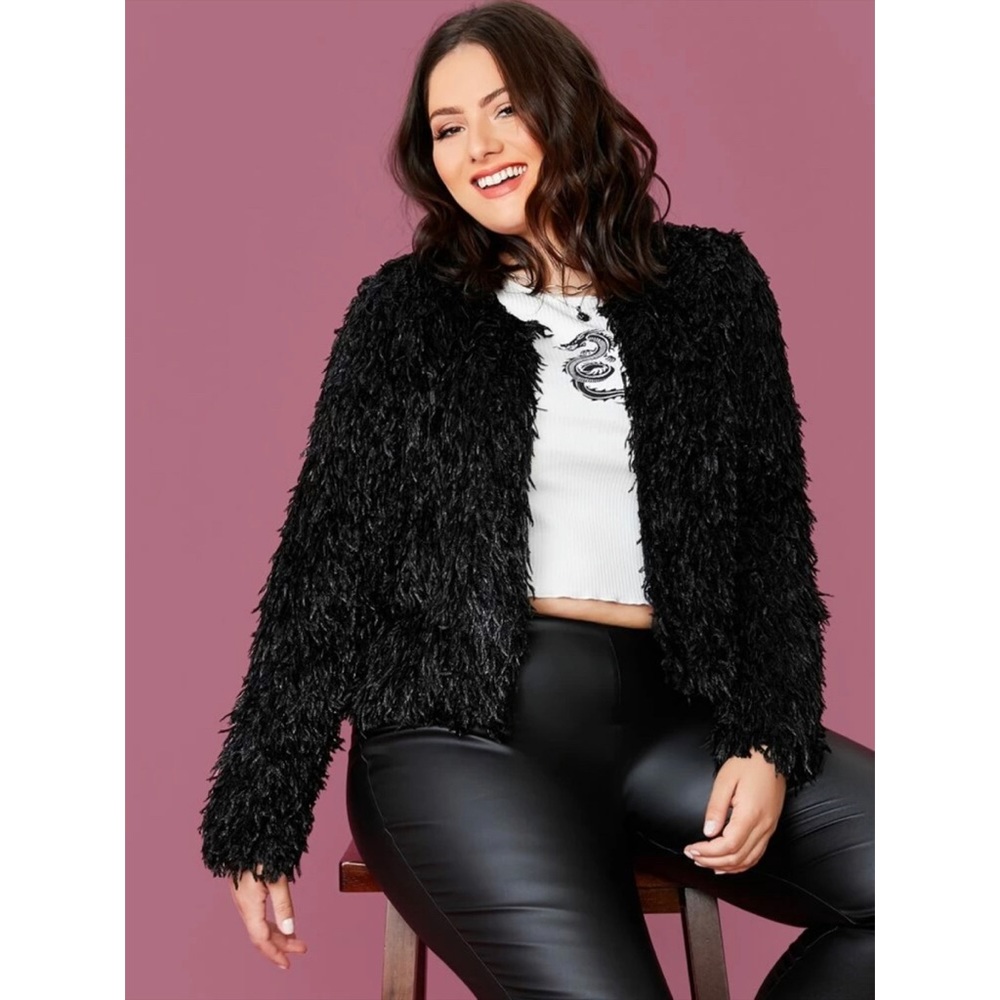 PLUS shaggy faux fur jacket coat black - Picture 1 of 3